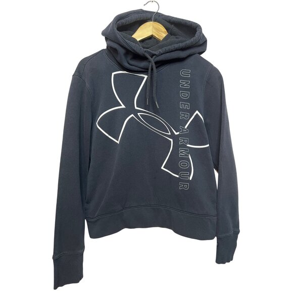 Under Armour Navy Blue Loose Fit Hoodie Sweatshirt Womens Medium Logo Spell Out - Picture 1 of 13